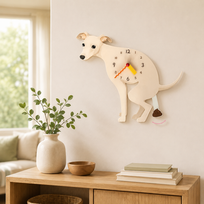 Latte Greyhound wall clock with swinging poop pendulum in a cozy room scene