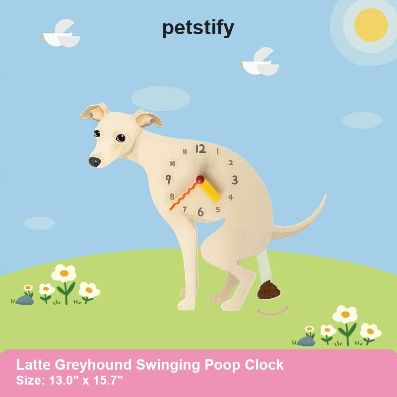 Latte Greyhound Wall Clock with Swinging Poop Pendulum detail showing clock hands and swinging poop pendulum