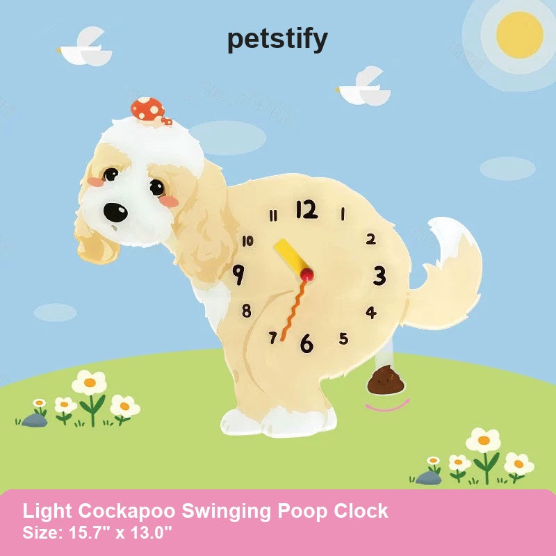 Light Cockapoo Wall Clock with Swinging Poop Pendulum detail showing clock hands and swinging poop pendulum
