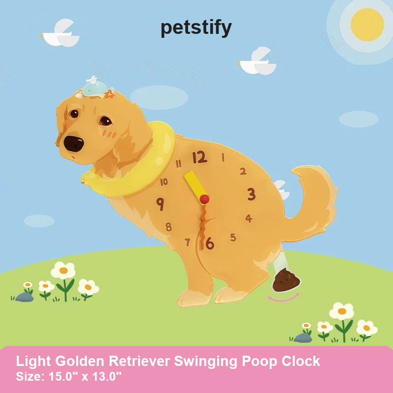 Light Golden Retriever Wall Clock with Swinging Poop Pendulum detail showing clock hands and swinging poop pendulum