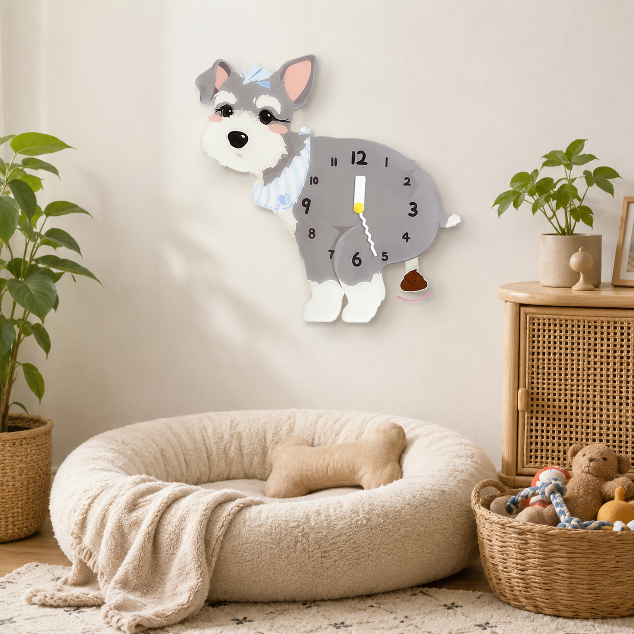Light Schnauzer acrylic dog clock with playful pendulum room mockup