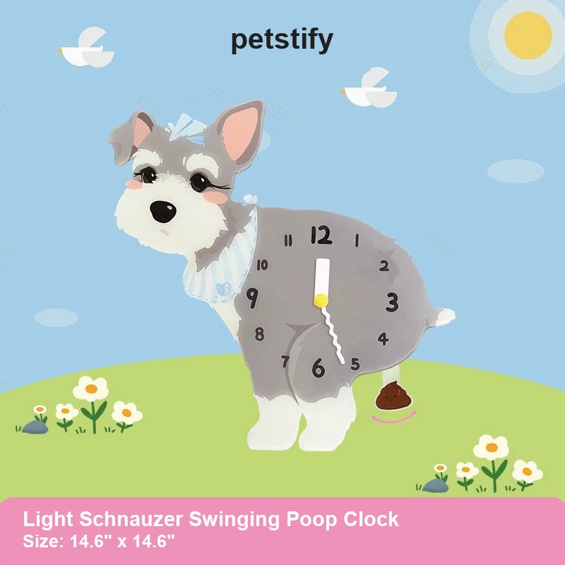 Light Schnauzer Wall Clock with Swinging Poop Pendulum detail showing clock hands and swinging poop pendulum
