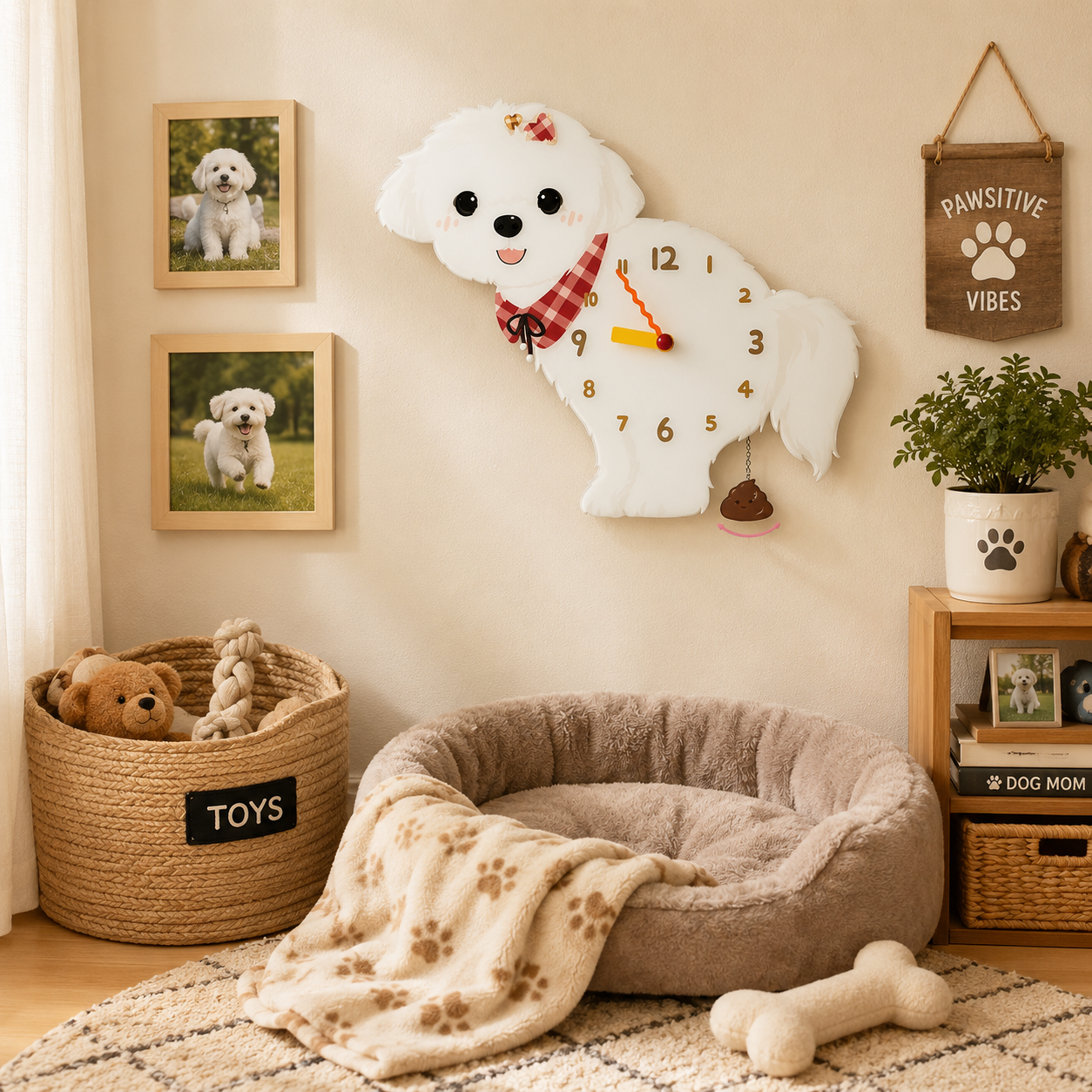 Maltese acrylic dog clock with playful pendulum room mockup