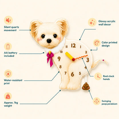 Band Bichon Frise Petstify dog wall clock with swinging poop pendulum