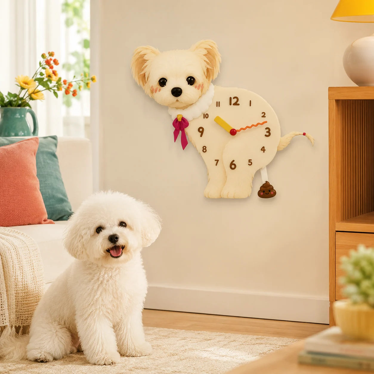 Bichon Frise Petstify swinging poop wall clock displayed in a bright room with a fluffy white dog.