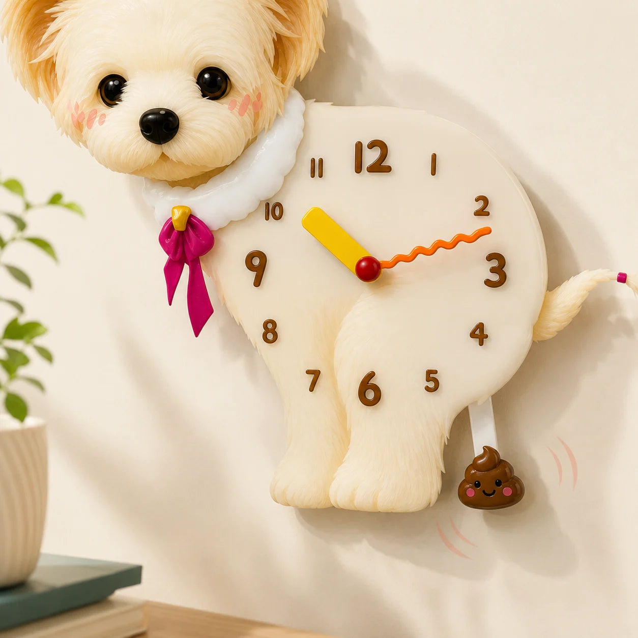 Close-up of the Bichon Frise Petstify wall clock with real clock hands and swinging poop pendulum detail.