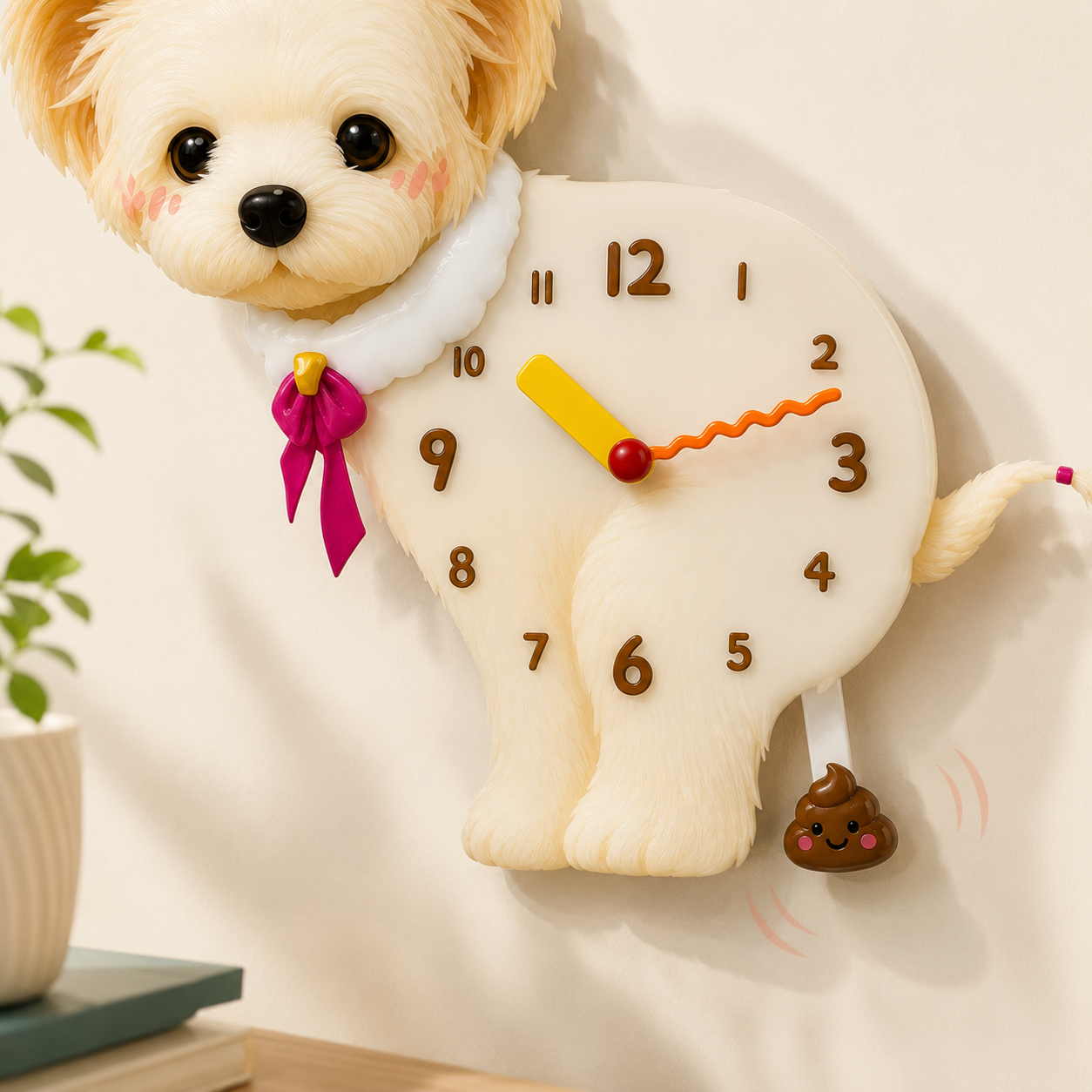 Close-up Bichon Frise wall clock with real hands and swinging poop pendulum detail
