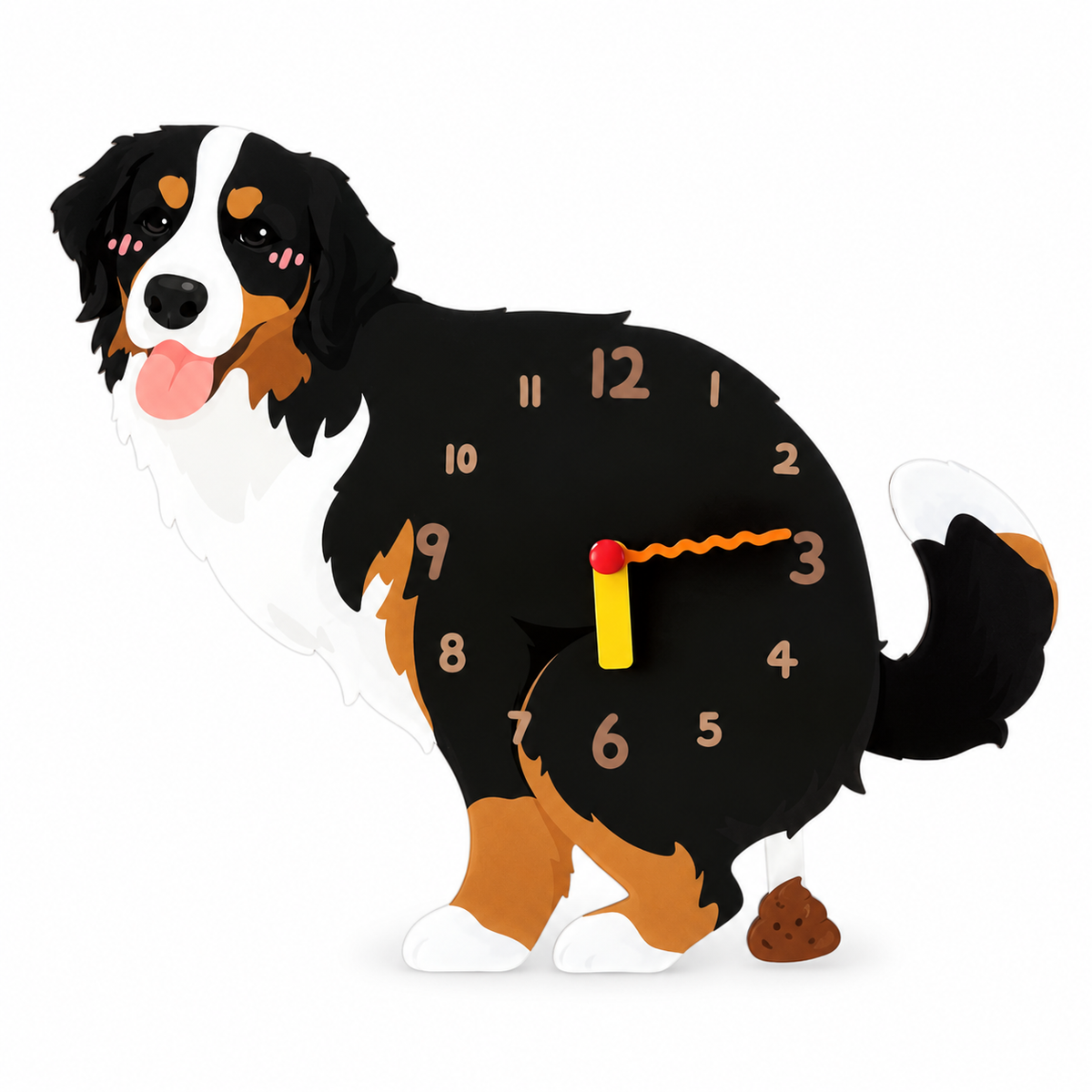 Bernese Mountain Dog wall clock with black, white and brown artwork and swinging brown pendulum on a white background