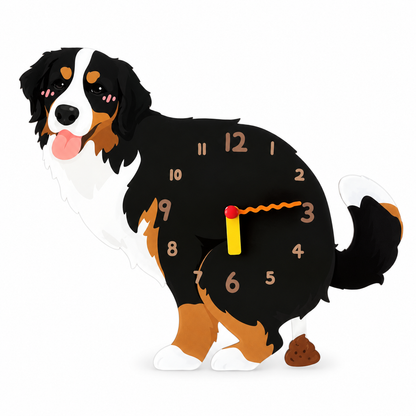 Bernese Mountain Dog wall clock with black, white and brown artwork and swinging brown pendulum on a white background