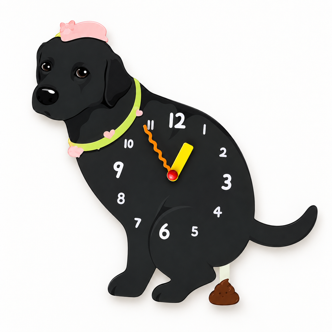 Black Labrador Retriever Wall Clock with Swinging Poop Pendulum detail showing clock hands and swinging poop pendulum