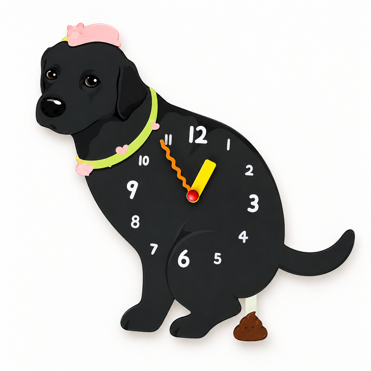 Black Labrador dog-shaped wall clock with pink cap, green collar and brown swinging pendulum on a white background