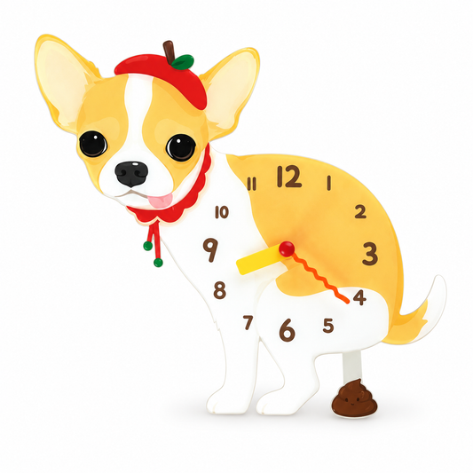 Cream Chihuahua dog-shaped wall clock with red hat, yellow and white artwork and swinging brown pendulum on a white background