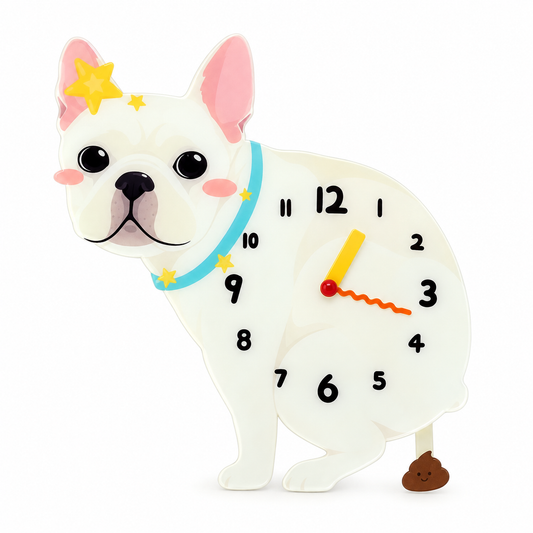 Cream French Bulldog dog-shaped wall clock with turquoise collar, yellow stars and swinging brown pendulum on a white background
