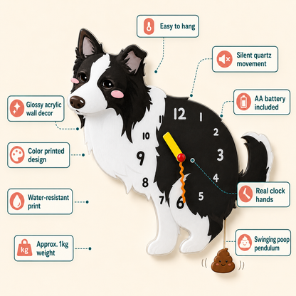 Border Collie wall clock feature diagram with silent quartz movement, AA battery, acrylic finish, real clock hands, and swinging poop pendulum