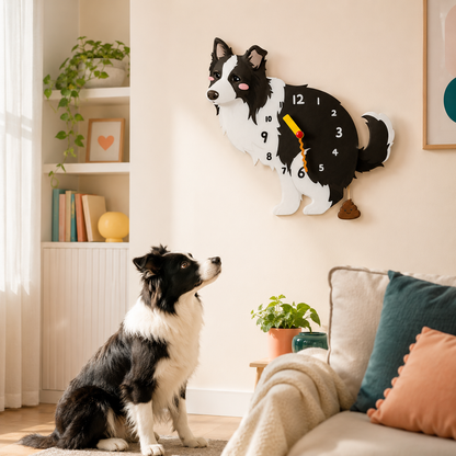 Border Collie wall clock with swinging poop pendulum in a cozy dog room scene