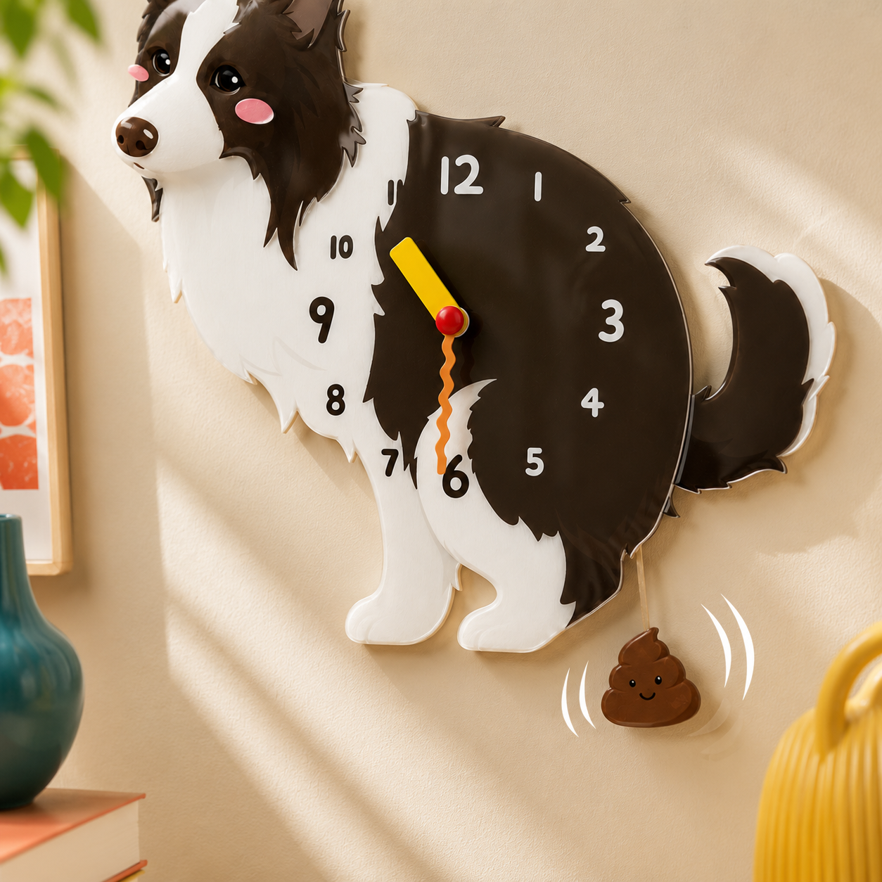 Close-up Border Collie wall clock with real hands and swinging poop pendulum detail