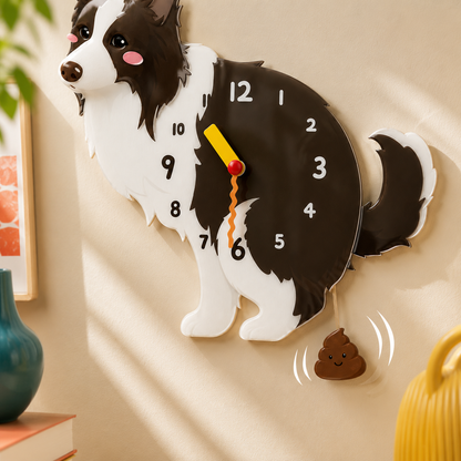 Close-up Border Collie wall clock with real hands and swinging poop pendulum detail