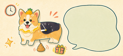 Petstify comic illustration of a Corgi wall clock with swinging poop pendulum