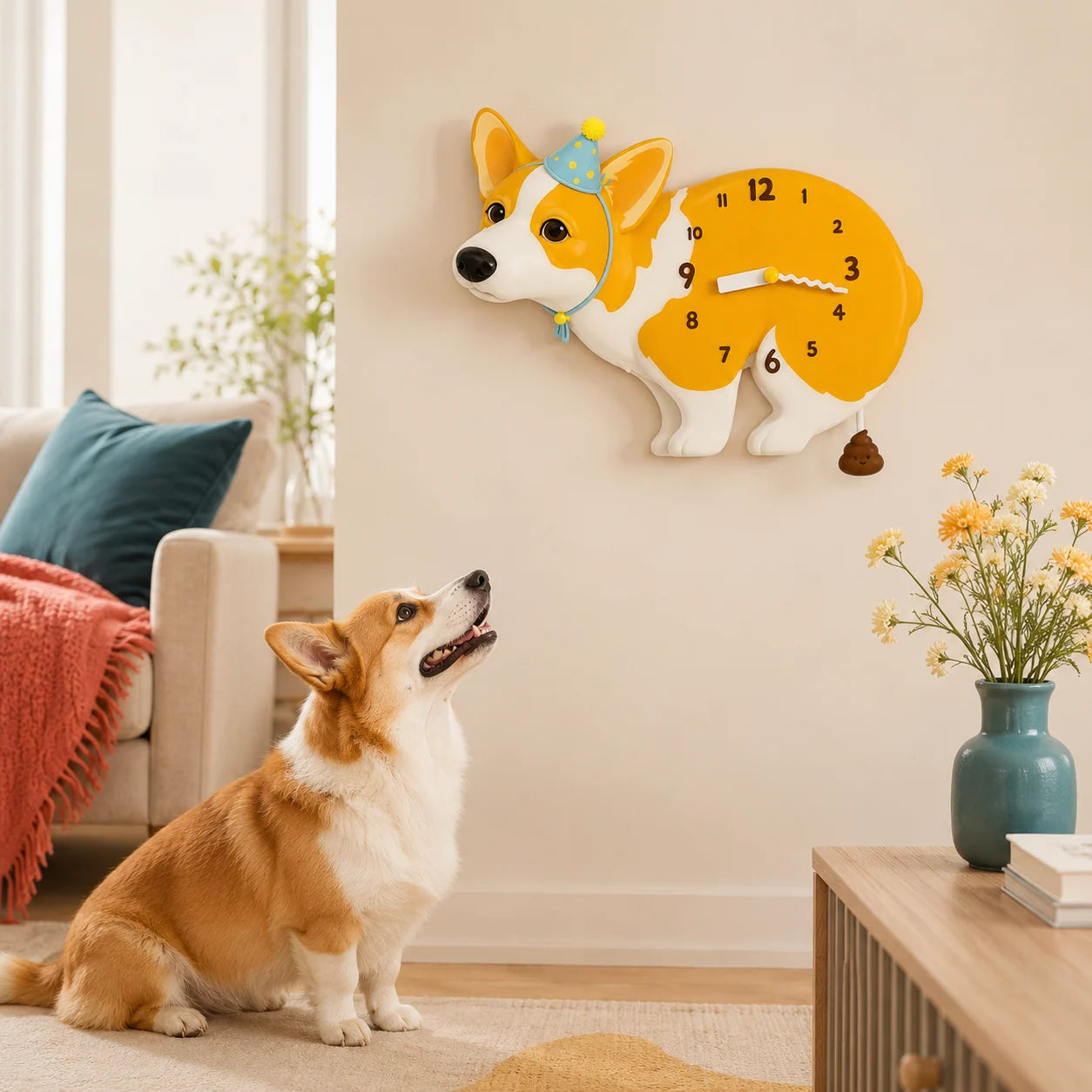 Bicolor Corgi Petstify dog wall clock with swinging poop pendulum