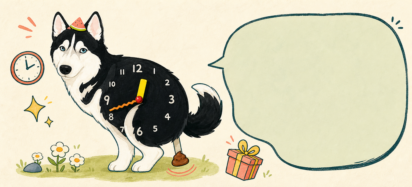 Petstify comic illustration of a Black Husky wall clock with swinging poop pendulum
