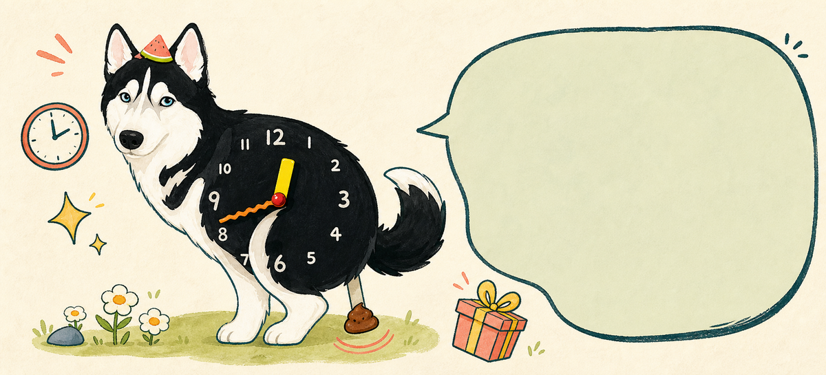 Petstify comic illustration of a Black Husky wall clock with swinging poop pendulum