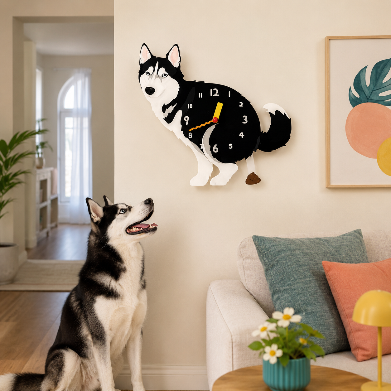 Husky wall clock with swinging poop pendulum in a cozy dog room scene