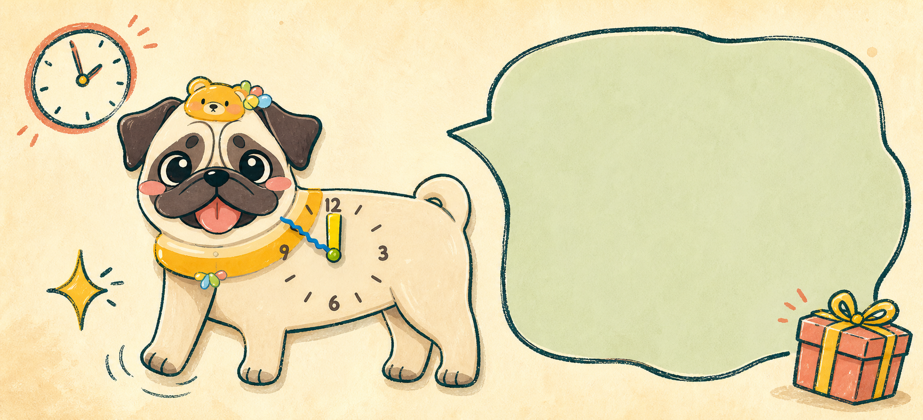 Petstify comic illustration of a Pug wall clock with swinging paw