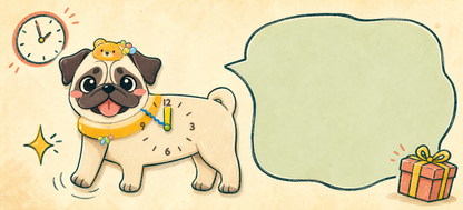 Petstify comic illustration of a Pug wall clock with swinging paw