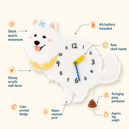 Petstify Samoyed dog wall clock - styled on a home wall in a real room