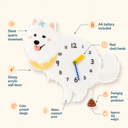 Samoyed wall clock feature diagram with silent quartz movement, AA battery, acrylic finish, real clock hands, and swinging poop pendulum