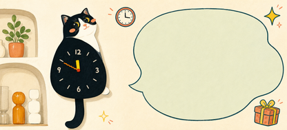 Petstify comic illustration of a Tuxedo Cat wall clock with swinging tail