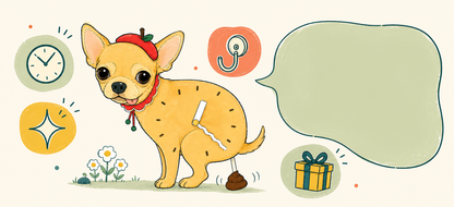 Petstify comic illustration of a Yellow Chihuahua clock with swinging poop pendulum