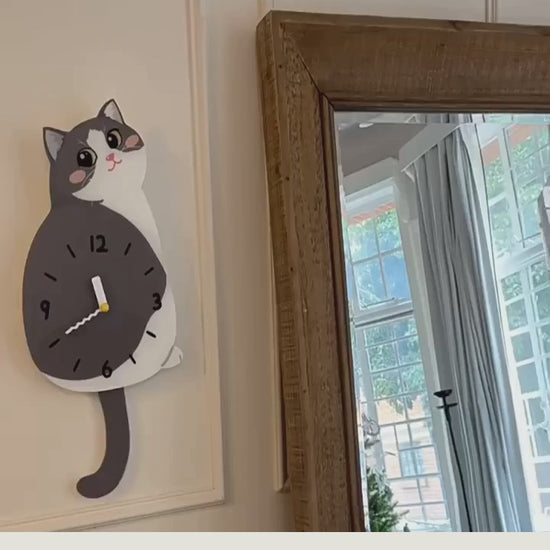 Petstify blue and white cat swinging tail wall clock clean product video