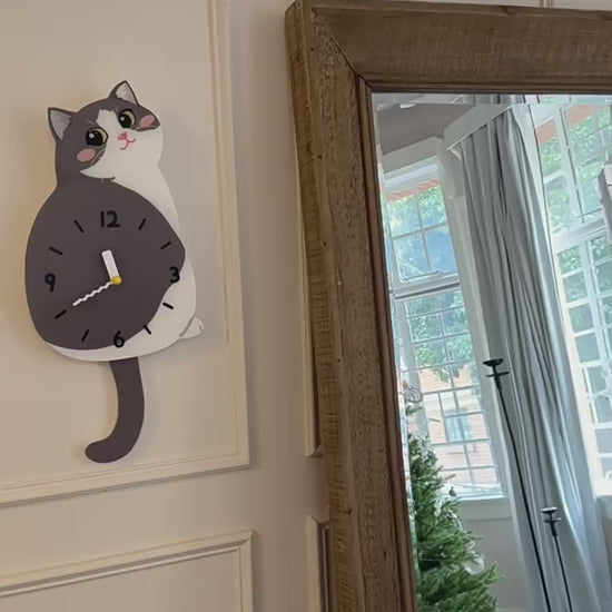 Blue and White Cat Swinging Tail Wall Clock blue white cat swinging tail wall clock product video product media