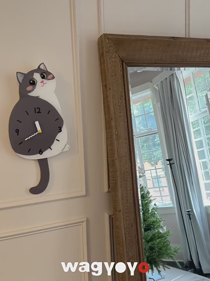 Blue and White Cat Swinging Tail Wall Clock blue white cat swinging tail wall clock product video product media