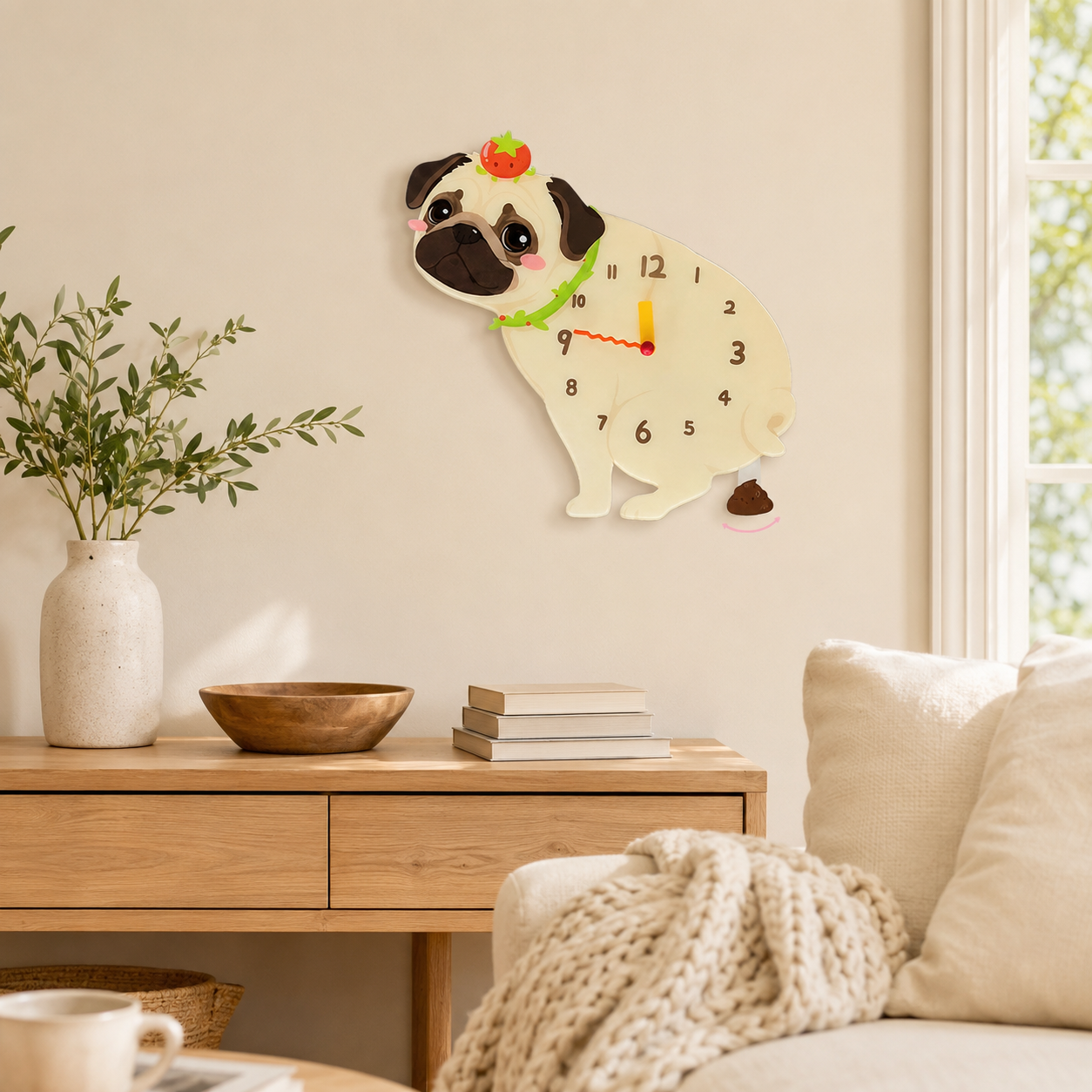Pug Wall Clock with Swinging Poop Pendulum styled as funny dog wall decor