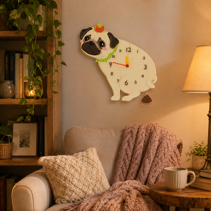 Pug dog lover gift wall clock with swinging poop pendulum home decor