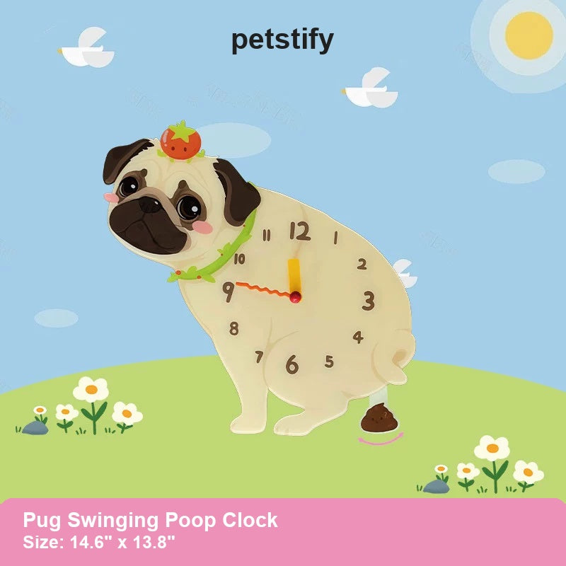 Pug Wall Clock with Swinging Poop Pendulum detail showing clock hands and swinging poop pendulum