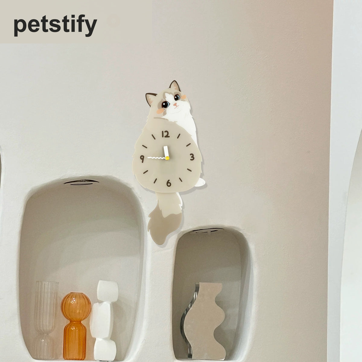 Ragdoll Cat Swinging Tail Wall Clock styled as funny cat wall decor