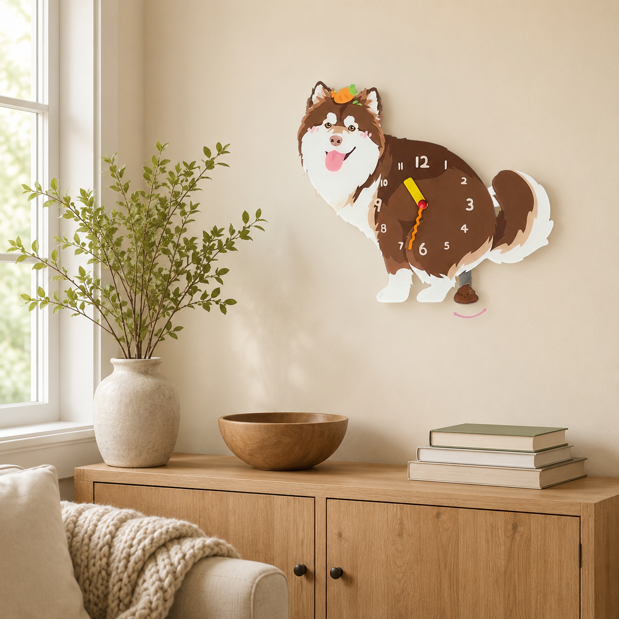 Red Cross Alaskan Malamute wall clock with swinging poop pendulum in a cozy room scene