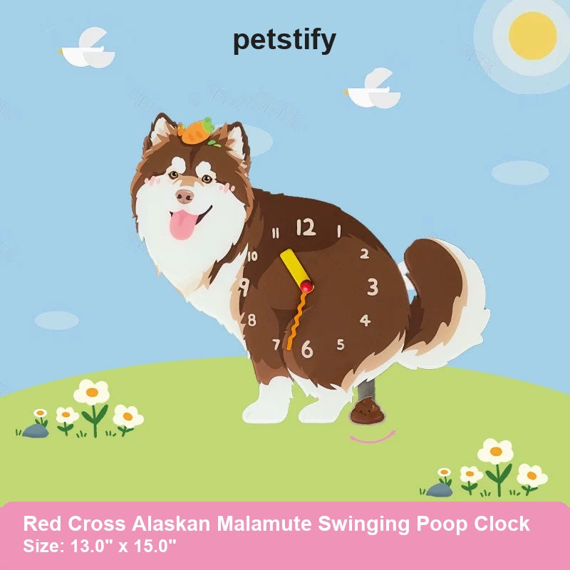 Red Cross Alaskan Malamute Wall Clock with Swinging Poop Pendulum detail showing clock hands and swinging poop pendulum