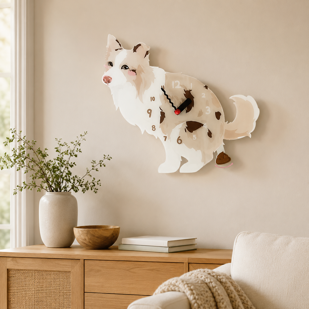 Red Merle Border Collie wall clock with swinging poop pendulum in a cozy room scene
