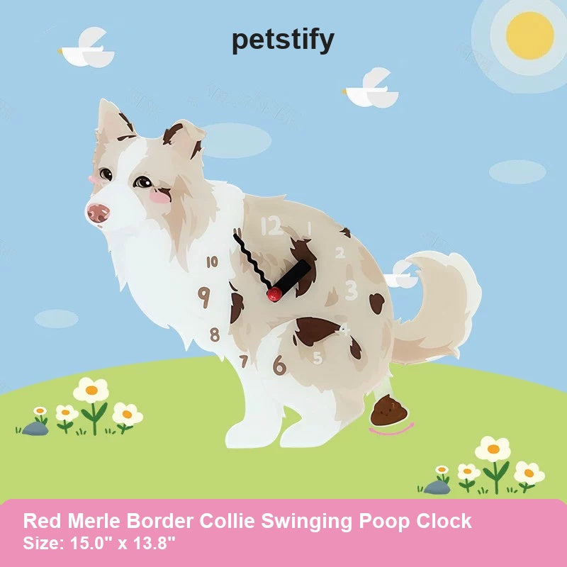 Red Merle Border Collie Wall Clock with Swinging Poop Pendulum detail showing clock hands and swinging poop pendulum