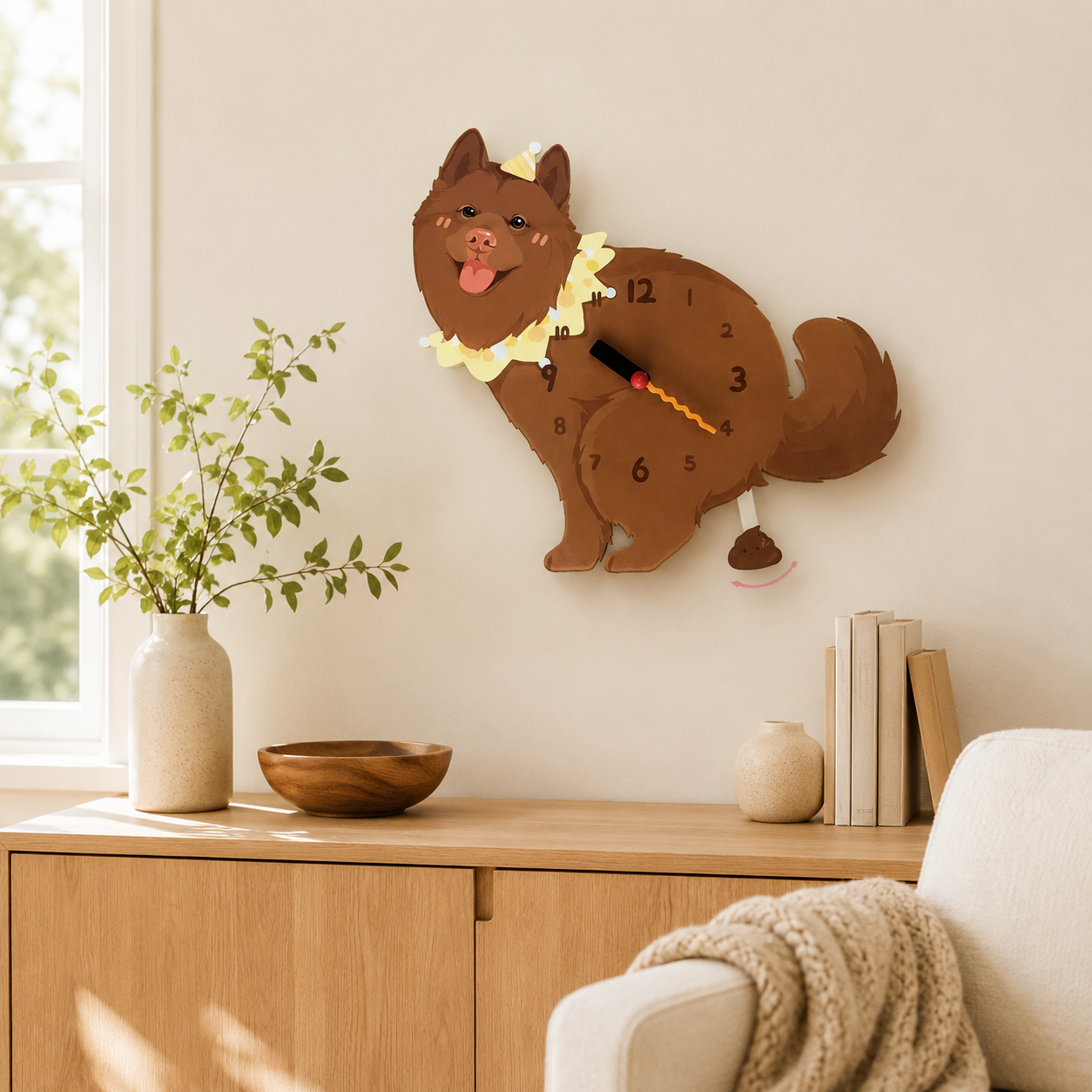 Red Native Spitz wall clock with swinging poop pendulum in a cozy room scene