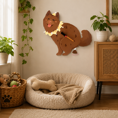 Red Native Spitz acrylic dog clock with playful pendulum room mockup
