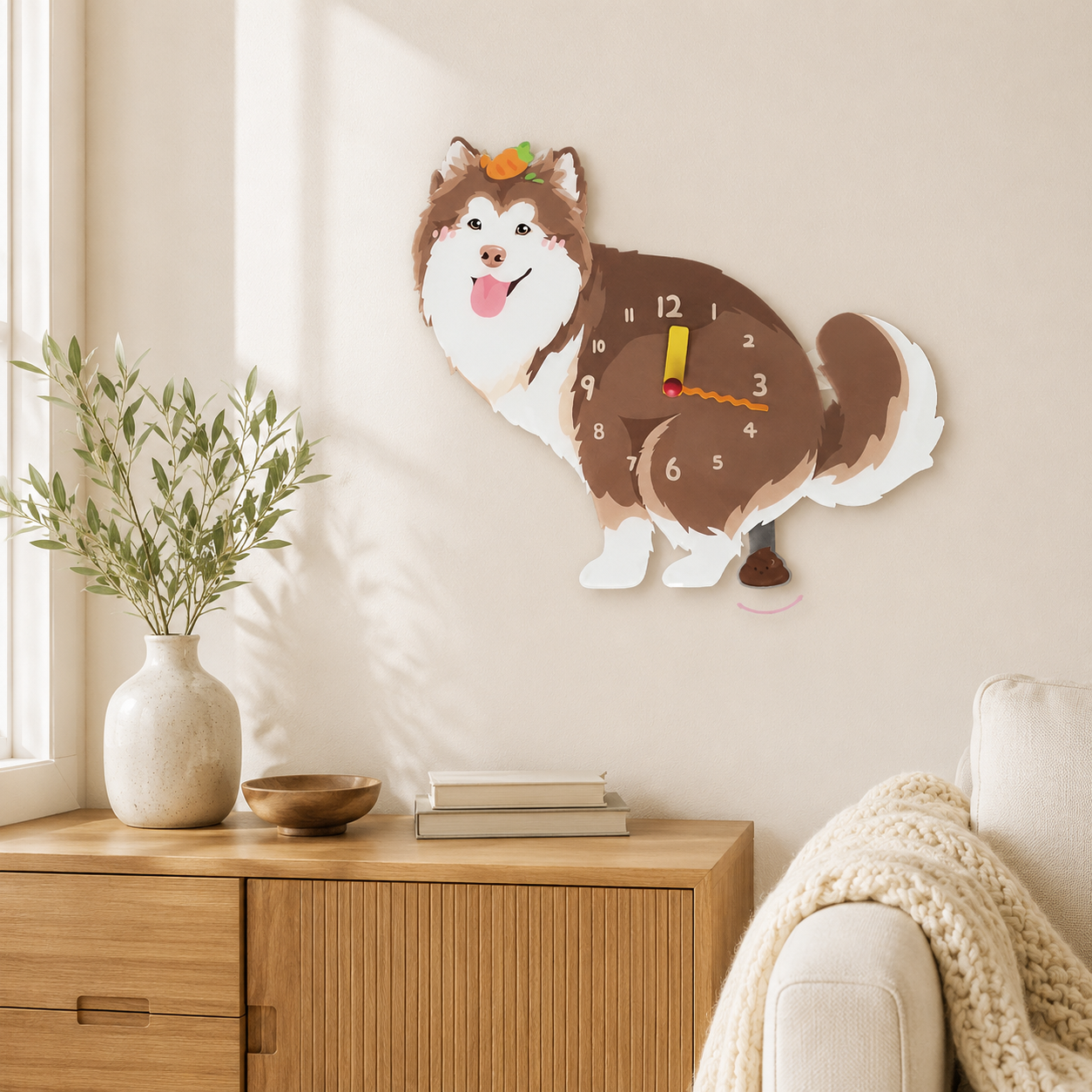 Red Peach Alaskan Malamute Wall Clock with Swinging Poop Pendulum styled as funny dog wall decor