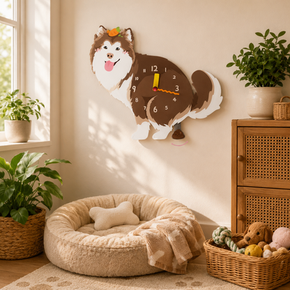 Red Peach Alaskan Malamute acrylic dog clock with playful pendulum room mockup