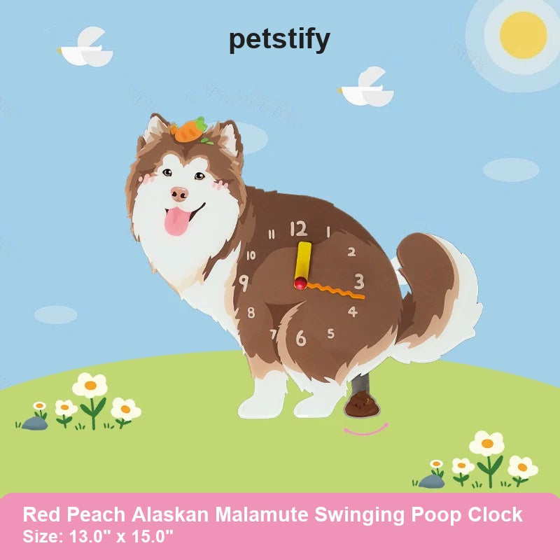 Red Peach Alaskan Malamute Wall Clock with Swinging Poop Pendulum detail showing clock hands and swinging poop pendulum