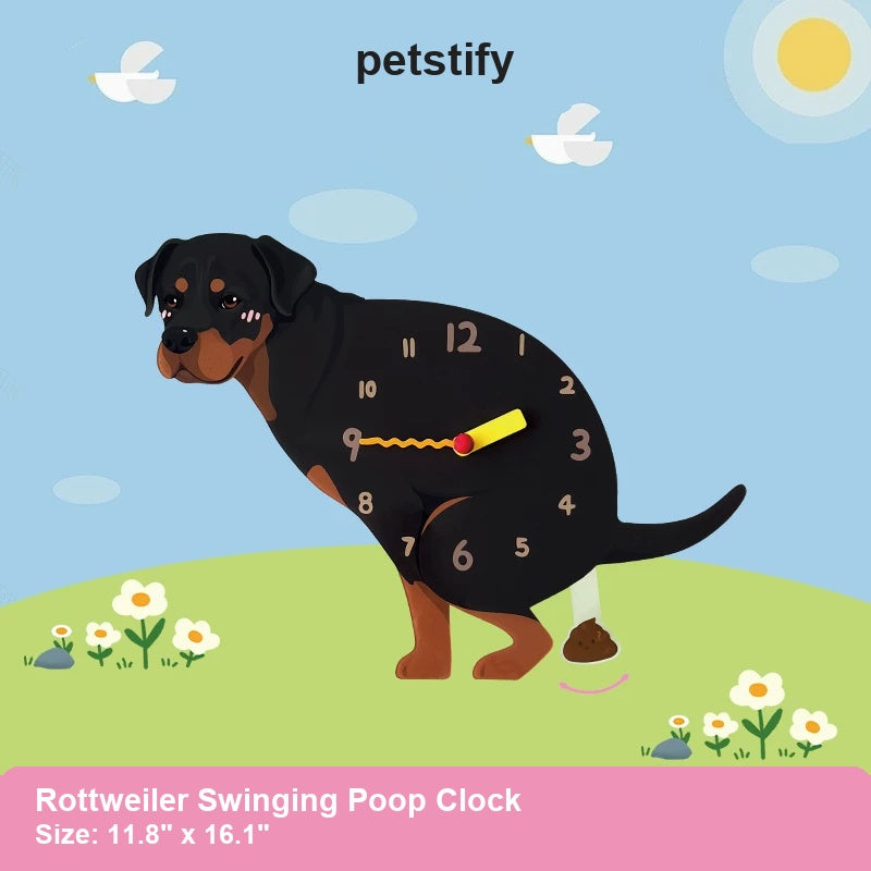 Rottweiler Wall Clock with Swinging Poop Pendulum detail showing clock hands and swinging poop pendulum
