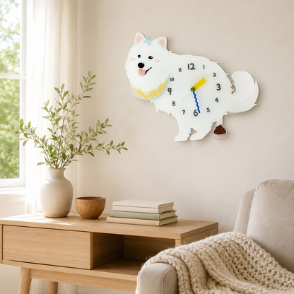 Samoyed wall clock with swinging poop pendulum in a cozy room scene